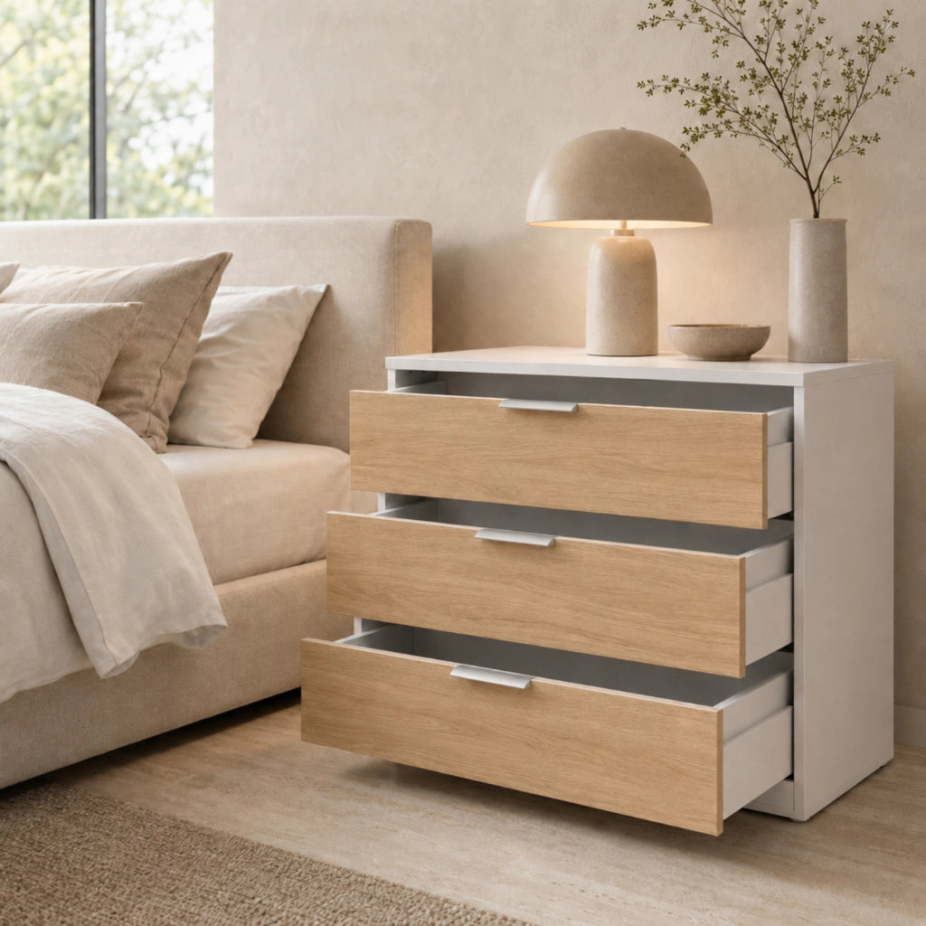 Comò 3 Cassetti Senza Piedi Cassettiera Design Minimal Mobile Per Camera Da Letto Casa Studio Corridoio E Lavanderia 77 X 38 X 80 Cm Bianco E Rovere
