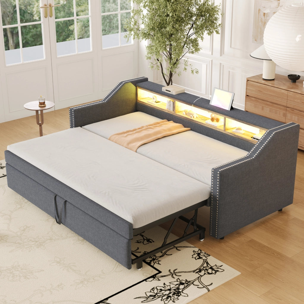 DIVANO LETTO Estraibile 90/180 x 190 cm Grigio Scuro con USB e LED