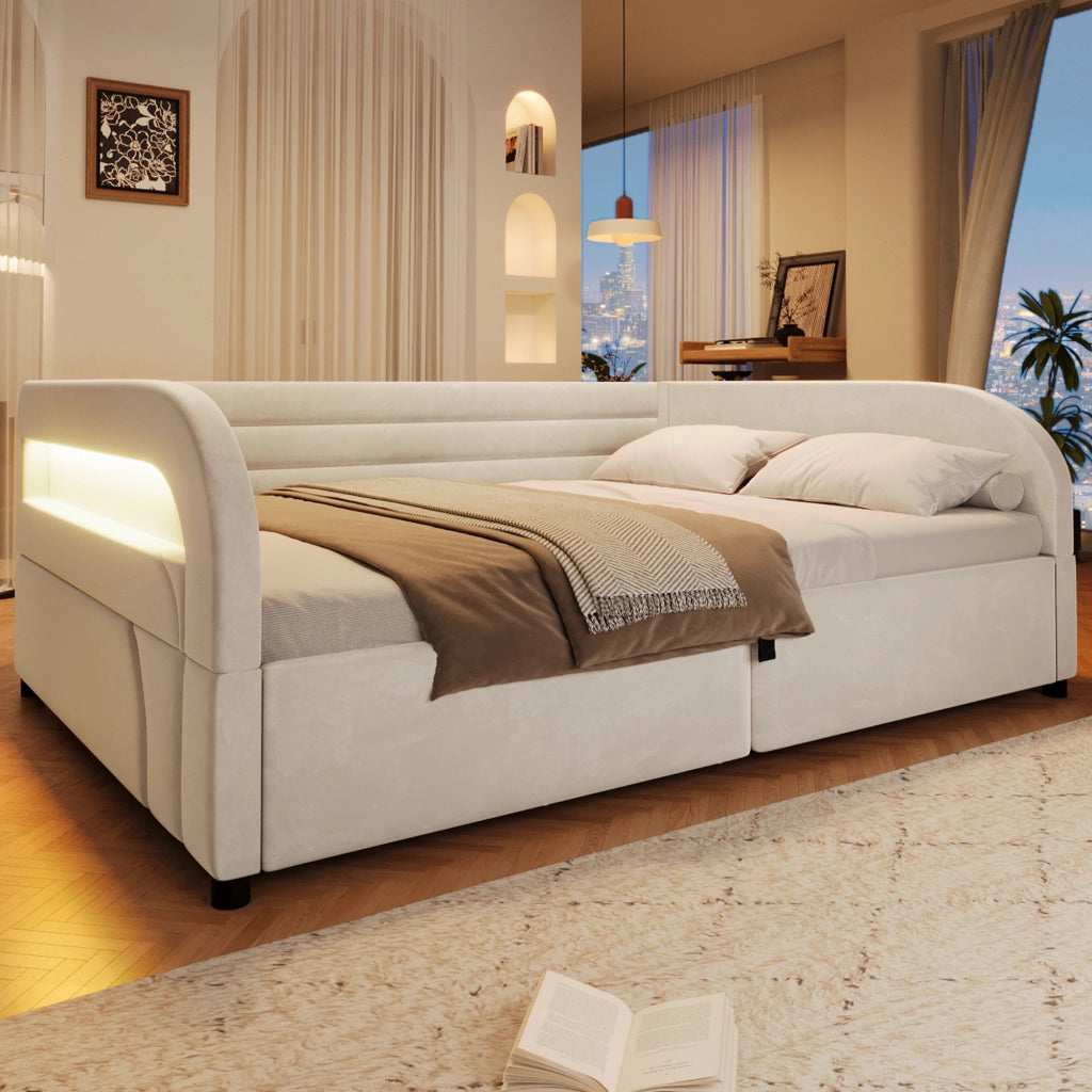 DESMIU Lit con contenitore 140 × 200 cm 2 posti con apertura idraulica, LED, senza materasso, in flanella, beige