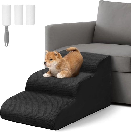 Scala per cani a 3 gradini con copertura rimovibile per prevenire scivolate in casa con cani e gatti - Ideale per divano e letto - Rotolo per rimozione pelo - Nero