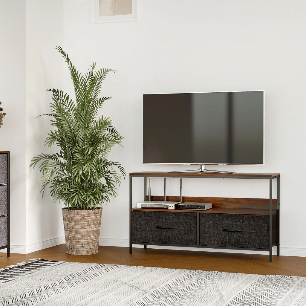 Mobile TV, Mobile Porta TV Fino a 47" con 2 Cassetti Pieghevoli in Tessuto e Mensola, Mobiletto per Televisore per Soggiorno, Camera da Letto e Salotto, 98x29x56 cm, Marrone Rustico