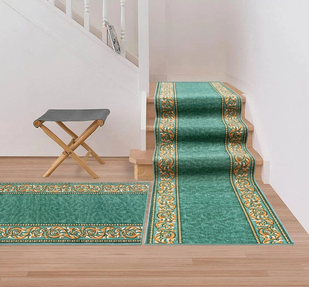 Passatoia Scala Bordata 67x180 cm Ingresso Corridoio Tappeto Cucina Gradini Stile Barocco Verde