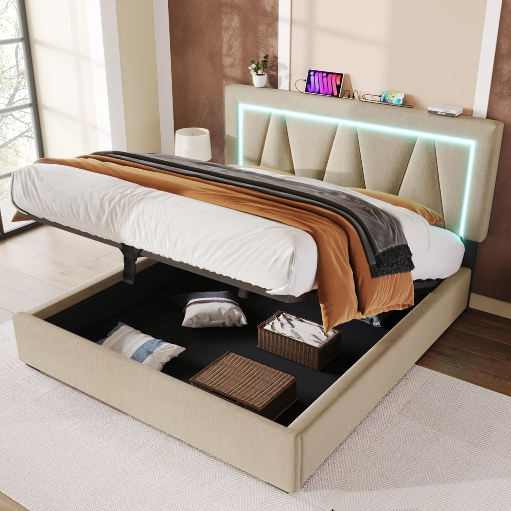 LETTO Contenitore 160x200 cm in lino beige con LED e USB Type C