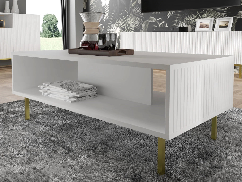 TAVOLINO DA CAFFÈ RAVENNA B IN MDF FOGLIATO 90x60x45 BIANCO OPACO GAMBE ORO