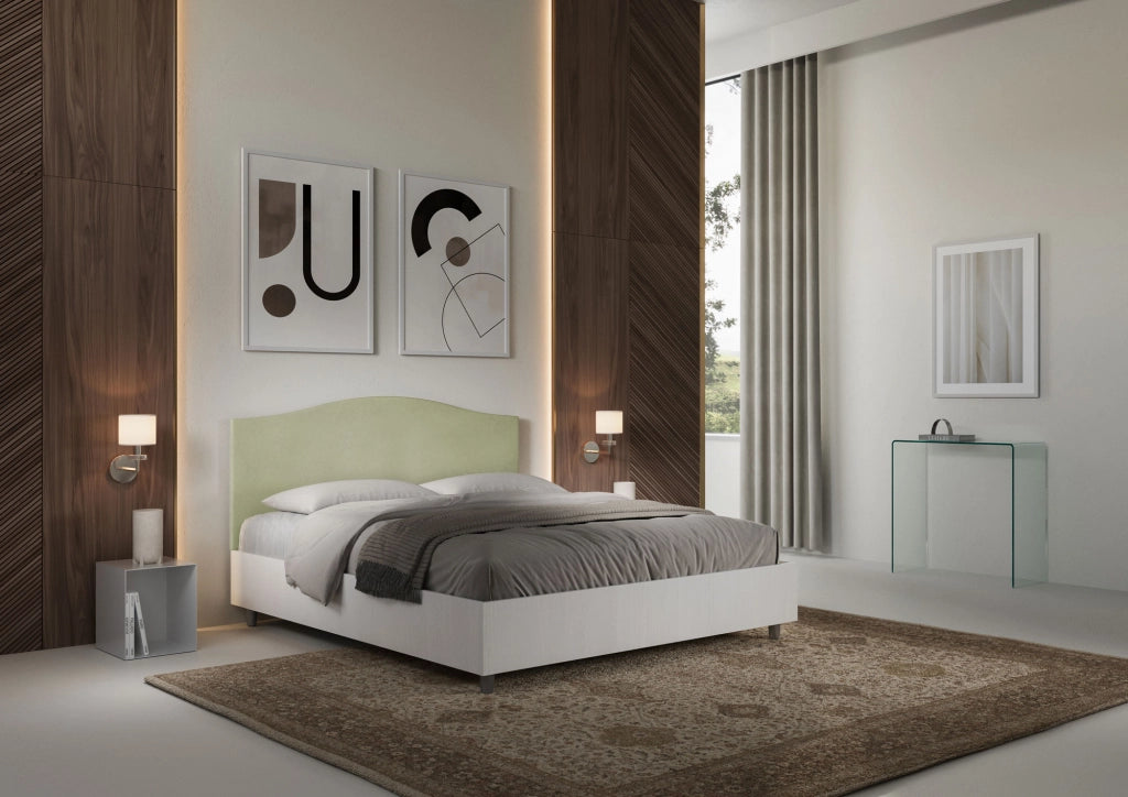 BS COM Letto matrimoniale contenitore doppia alzata 160x200 bianco frassino testata microfibra tè verde