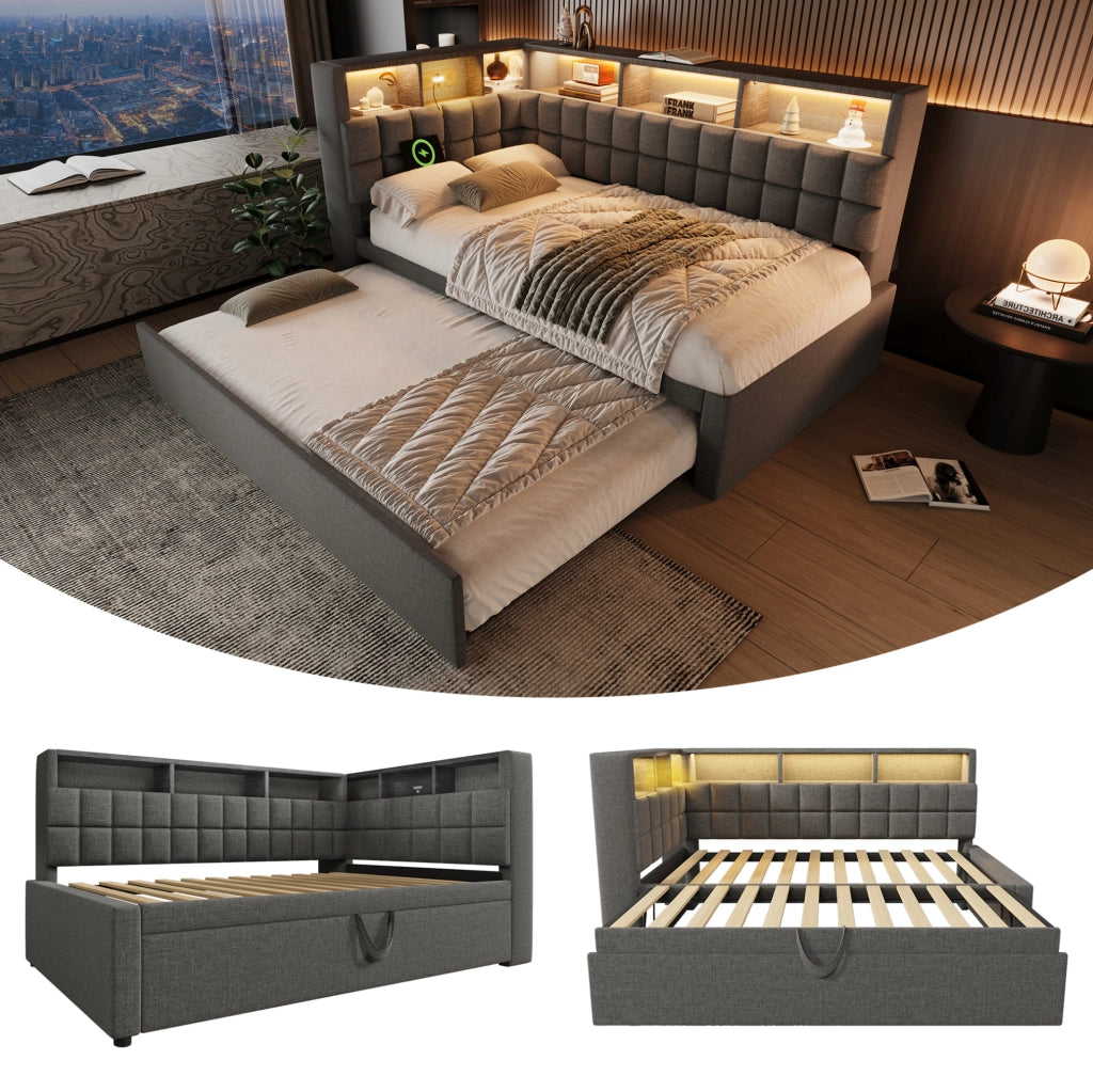Letto imbottito 90x200 cm con letto estraibile; LED; Bluetooth; USB-A e USB-C; grigio