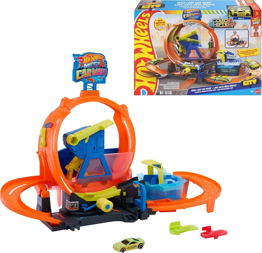 Hot Wheels Mega loop car wash,Pista con un veicolo incluso,Mattel, Eta 4+