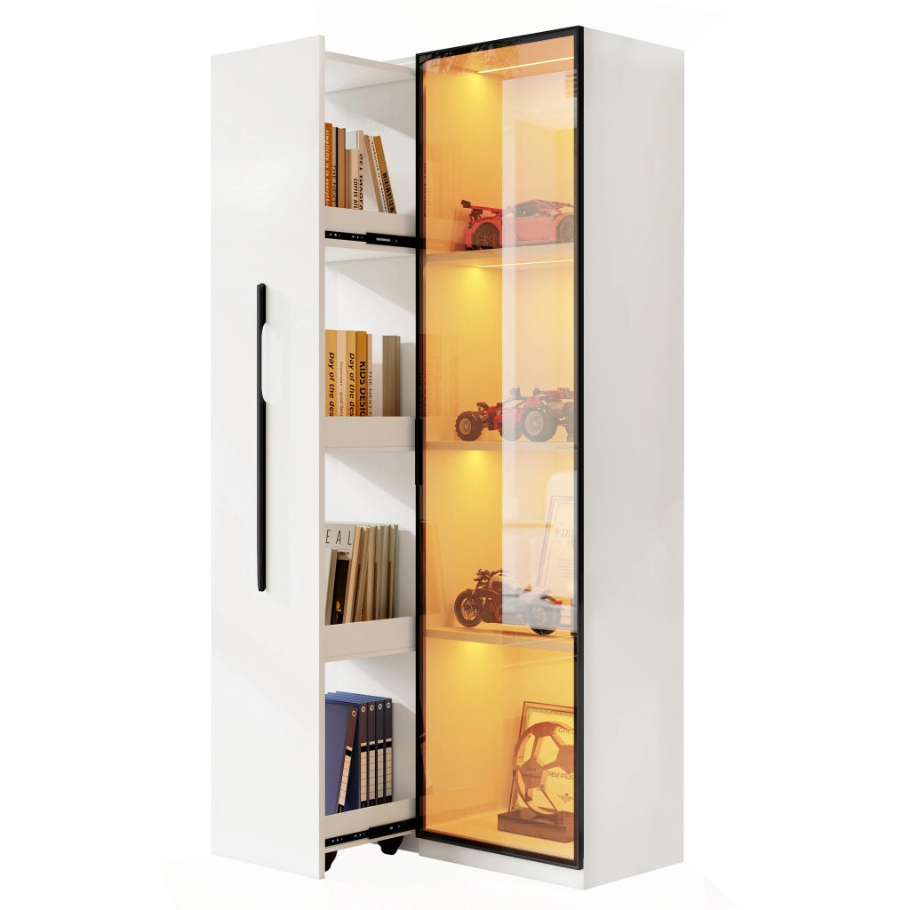 Libreria Vetrina con 1 Anta; cassetto laterale estraibile con ruote e LED; in MDF; Bianco; 70??40??160 cm