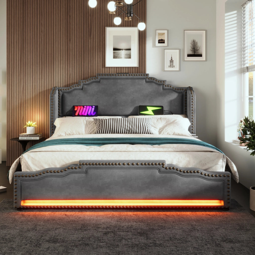 OKWISH Letto con Cassetti 140×200 cm, Letto Matrimoniale con 4 Cassetti, LED Regolabile e USB e Tipo C, senza Materasso, in Velluto, Grigio