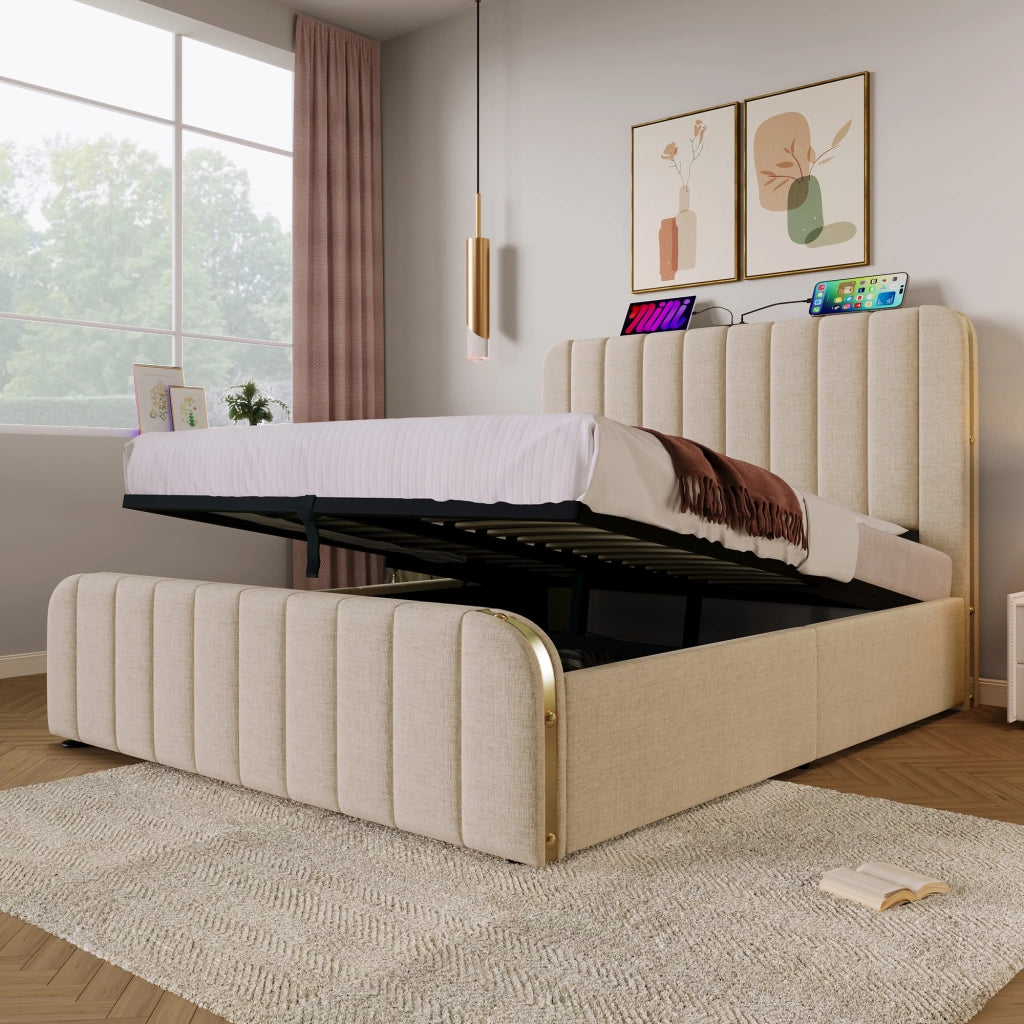 LETTO Contenitore imbottito 140x190 cm beige con USB e Type-C
