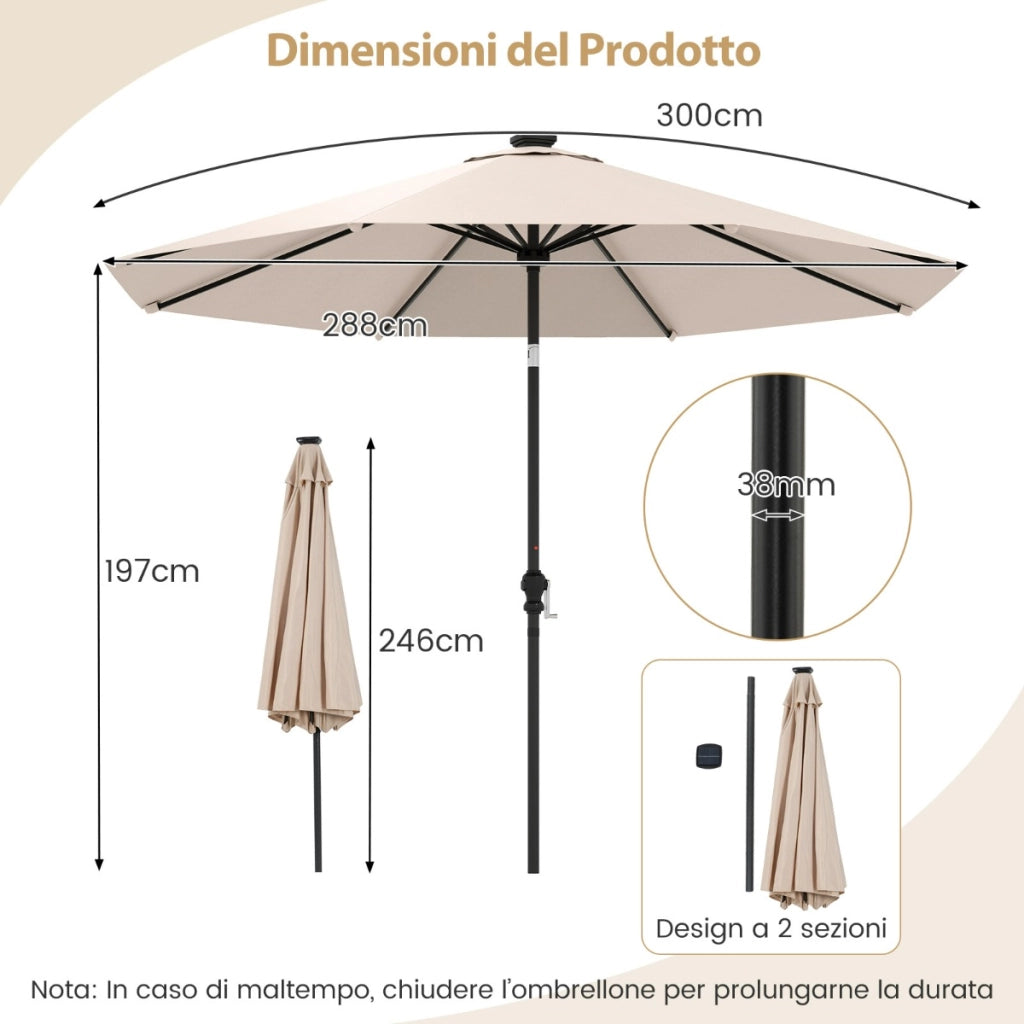 3M Ombrellone da patio solare con 96 luci LED e 9 modalit¨¤, Parasole da mercato pesante per giardino e spiaggia Beige-Ombrelloni