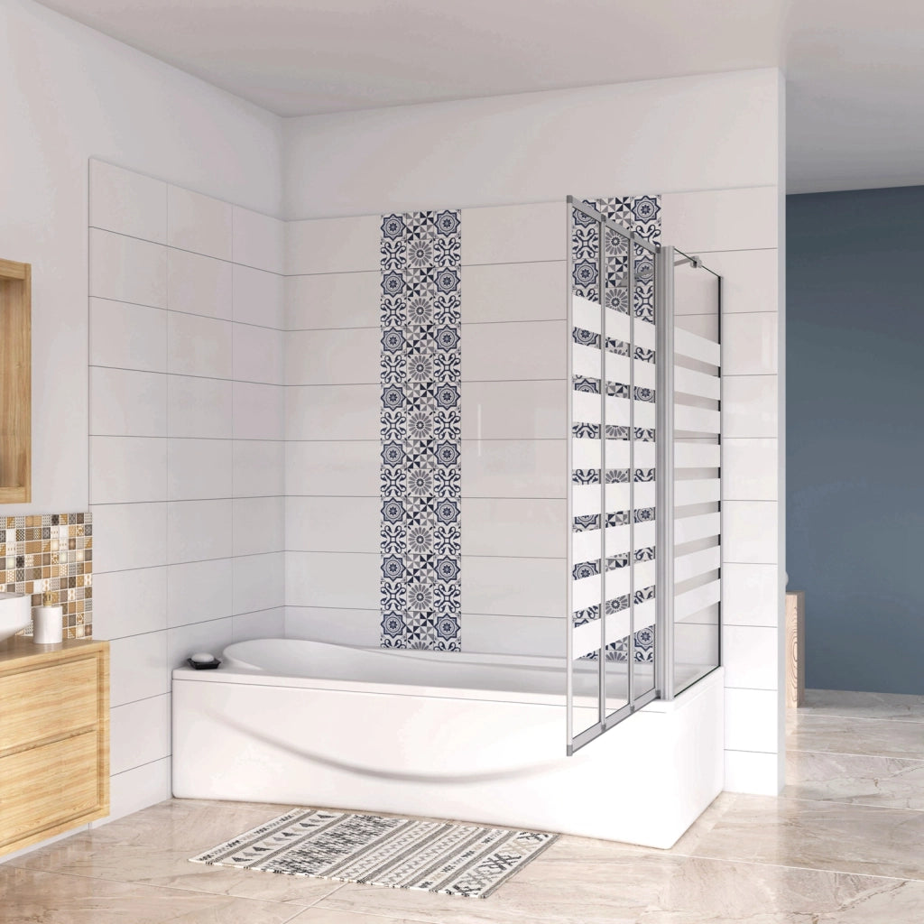 Sopravasca 130×140cm Vetro 4mm Temperato Bianco 3 Ante Pieghevoli a Libro con Lato Fisso 65x140 cm Profilo Argento Opaco Verso Destro