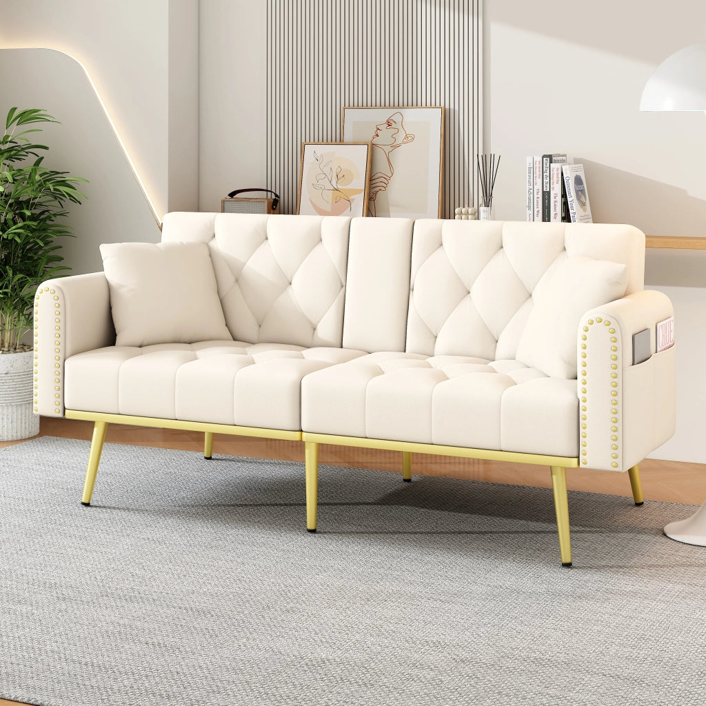 Divano letto multifunzionale in velluto beige 2 posti con schienale regolabile e portabicchieri
