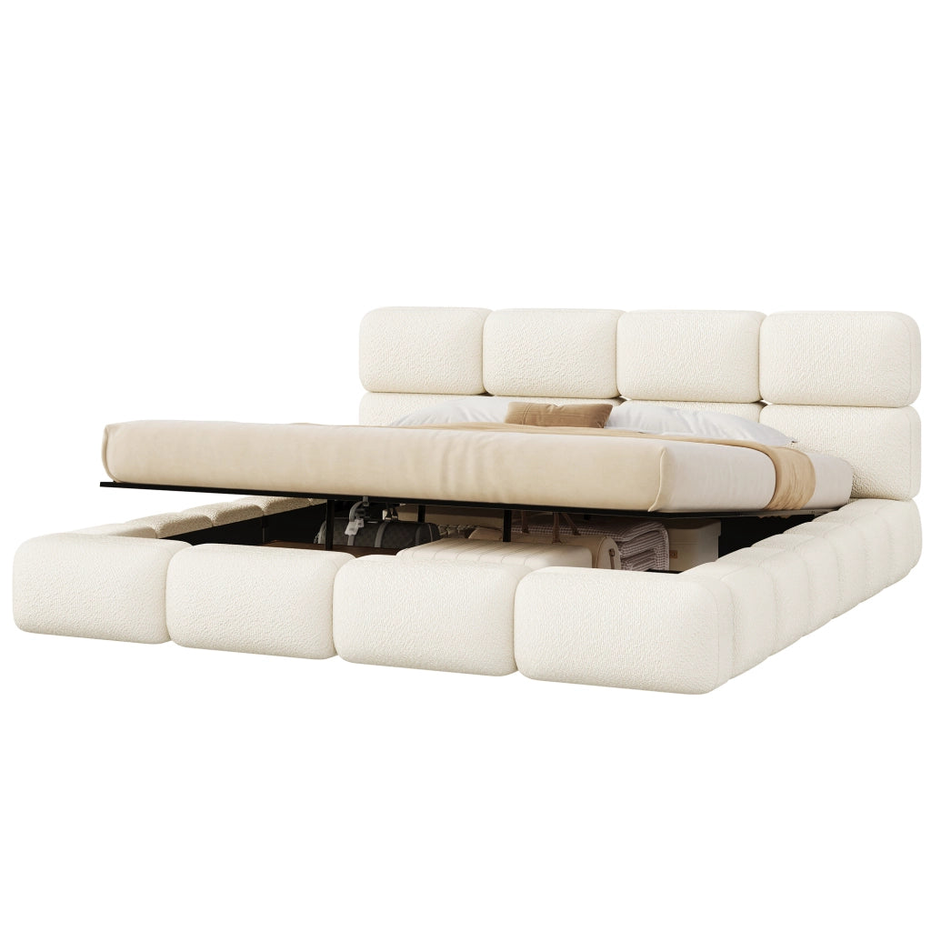 Letto Contenitore 200 x 200 cm con Sollevamento Idraulico; Bouclé Bianco