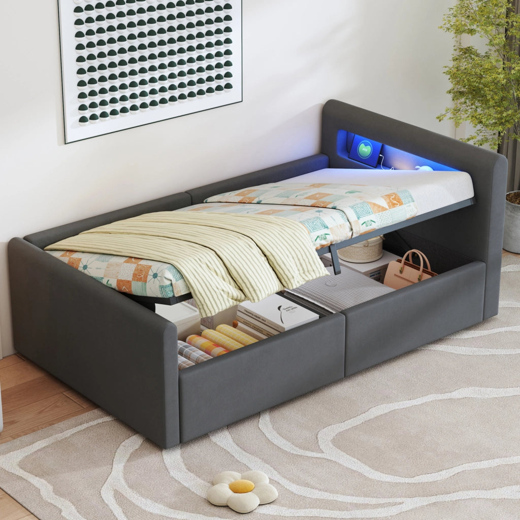Letto imbottito per bambini 90x200 cm con LED, USB e contenitore idraulico