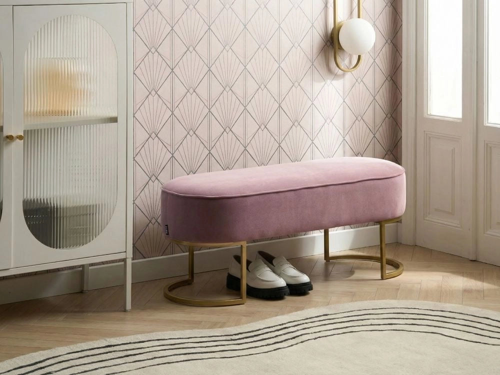 Panca imbottita rosa con gambe in metallo dorato glamour soggiorno camera da letto