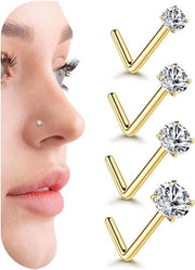 Stud d'orecchio a vite a forma L in oro giallo 14K, 20G, 4 pezzi, con zircone.