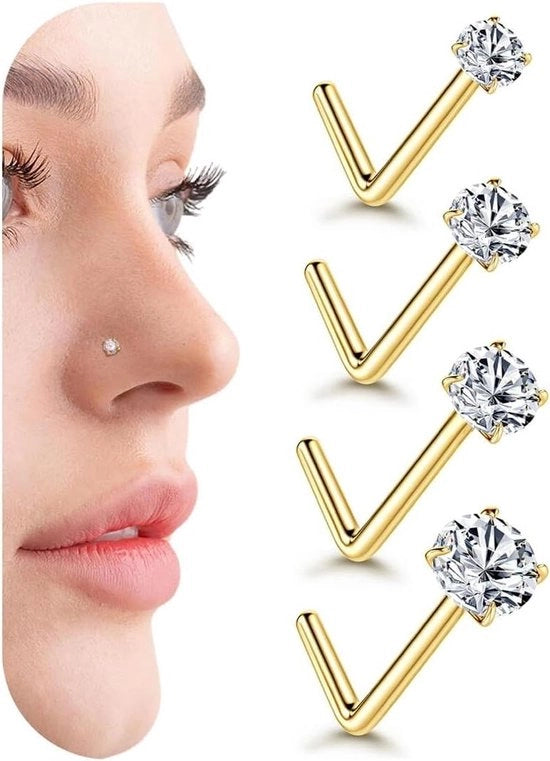 Stud d'orecchio a vite a forma L in oro giallo 14K, 20G, 4 pezzi, con zircone.
