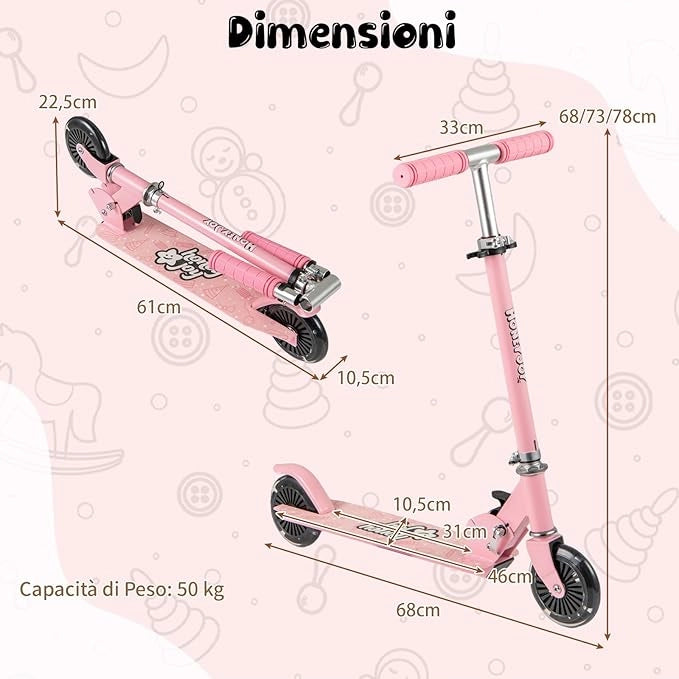 Monopattino per Bambini Pieghevole e Portatile, Monopattino a 2 Ruote con Manubrio Regolabile, Ruote Luminose a LED, Freno Posteriore e Tracolla, Ideale per Bambini e Bambine 3+