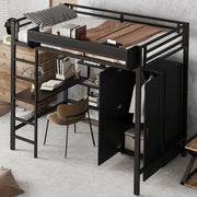 Letto a castello in metallo e legno nero 90x200 cm con tavolo, armadio e scala a 5 gradini