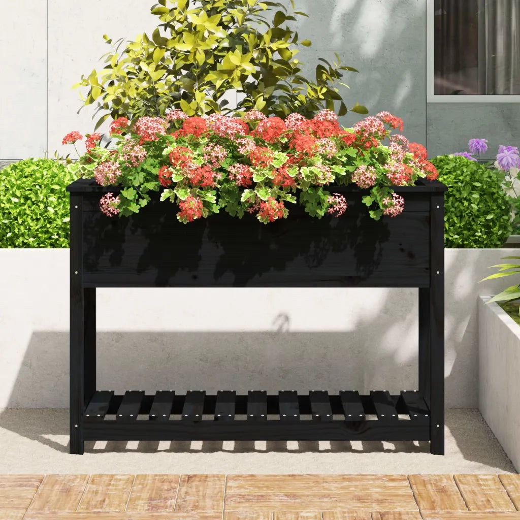 Fioriera con Mensola Nera 111,5x54x81cm Legno Massello di Pino 823791