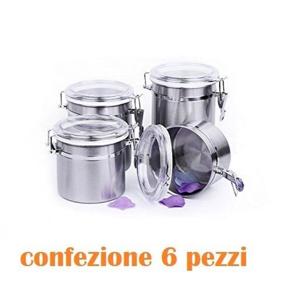 Trade Shop - Set 6 Pezzi Barattolo In Acciaio Inox 10x16cm Alimenti Zucchero Caffè Cucina -