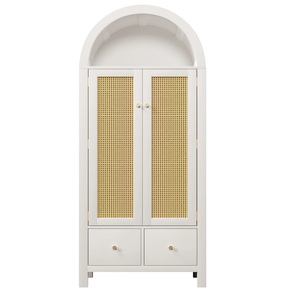 Armadio Guardaroba Bianco 78×45×181 cm con Ante in Rattan; Cassetti; Barra Appendabiti e Design Country Chic