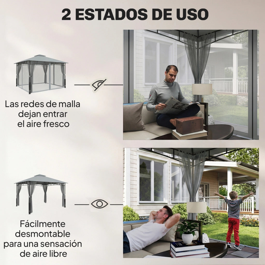 Gazebo da Giardino ¨C Xylo ¨C Doppio Tetto Pareti in Rete UPF50+ Grigio 360x300x275cm
