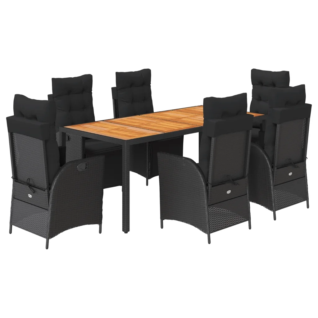 Set da Pranzo da Giardino 7 pz Nero con Cuscini in Polyrattan