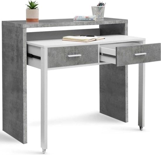 Scrivania estensibile Max in legno imitazione cemento e bianco