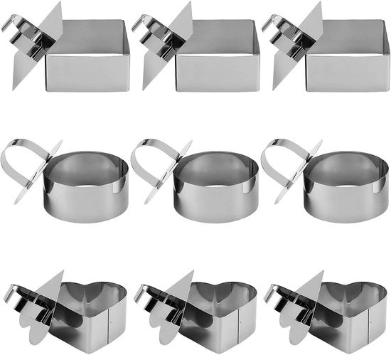 Set di Dessertiere da 9 pezzi - Anelli rotondi, a forma di cuore, quadrati - Dessertiere in acciaio inossidabile - Dessertiere con sollevatore - Sicuri per l'alimentazione - Anticorrosivo