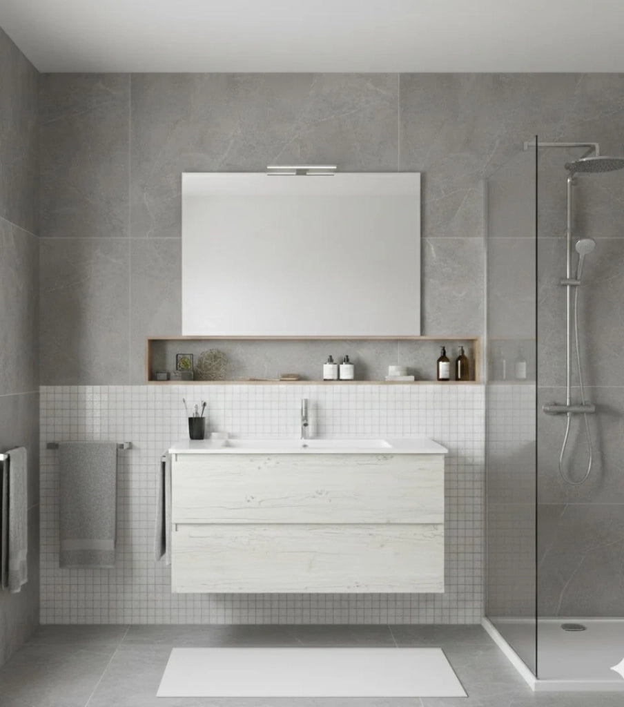 Mobile Bagno LOKI Già Montato 2 cassetti con piedini, lavabo e specchio Bianco nordico 120x45 cm 1 lavabo