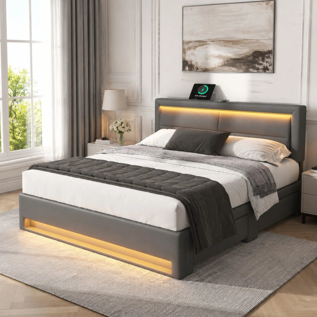 LETTO imbottito 140x200 cm PU grigio con USB, LED e 4 cassetti