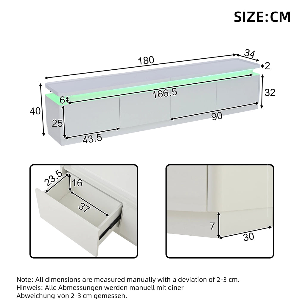 Mobile TV con 4 cassetti e LED - per soggiorno - 180x34x40 cm - in truciolato - bianco