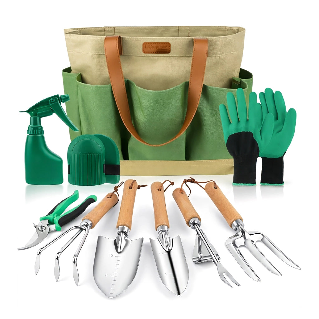 Set Attrezzi da Giardinaggio 10 Pezzi  – Kit Completo con Paletta, Trapiantatore, Forchetta, Rastrello, Forbici da Potatura, Guanti, Spruzzino e Ginocchiere – Attrezzi Giardino con Manico Ergonomico