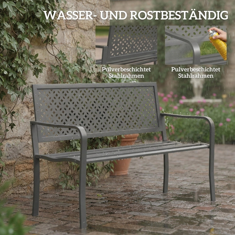 Panchina da giardino in metallo a 2 posti, resistente alle intemperie, con schienale antiruggine, design geometrico, supporta fino a 240 kg.