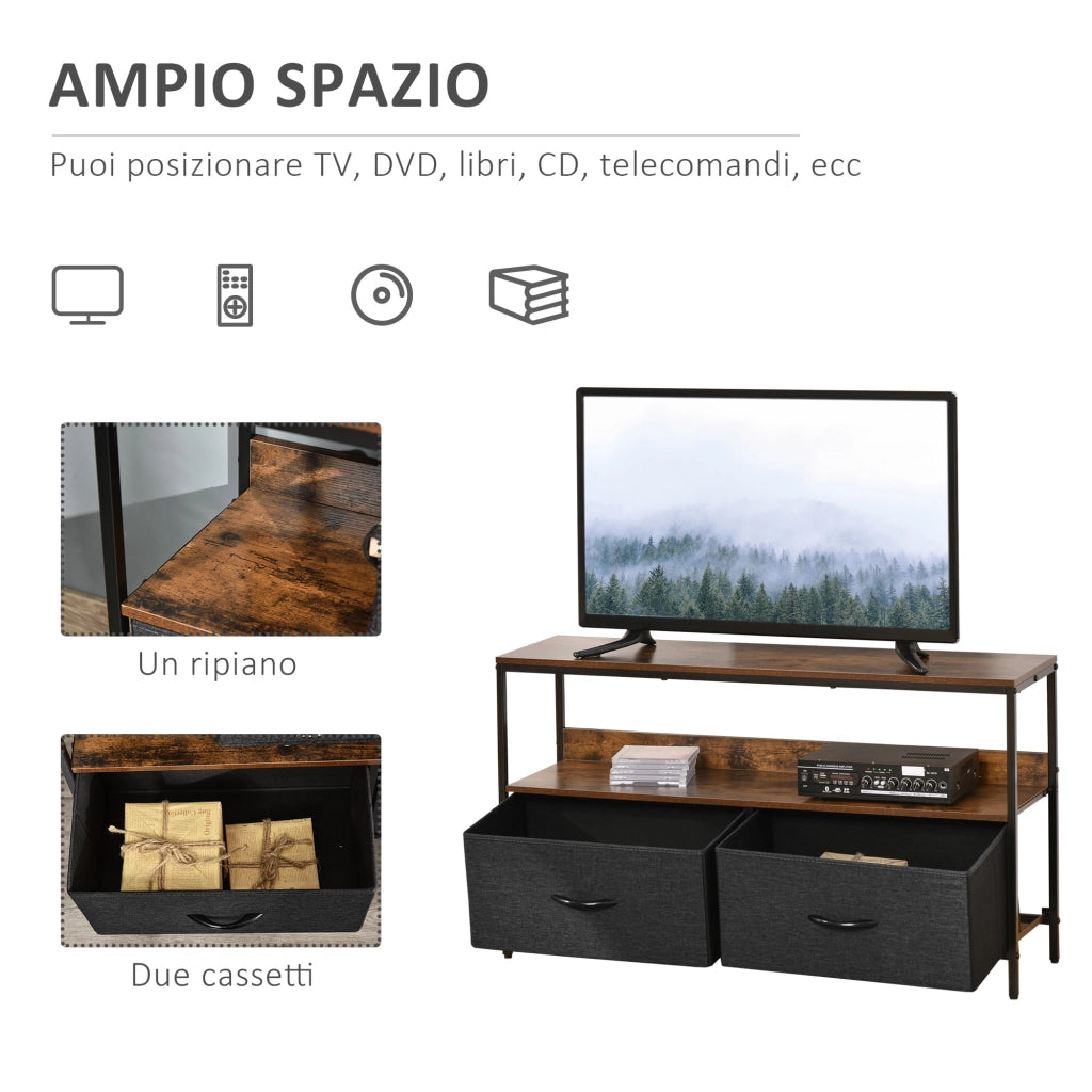 Mobile TV, Mobile Porta TV Fino a 47" con 2 Cassetti Pieghevoli in Tessuto e Mensola, Mobiletto per Televisore per Soggiorno, Camera da Letto e Salotto, 98x29x56 cm, Marrone Rustico