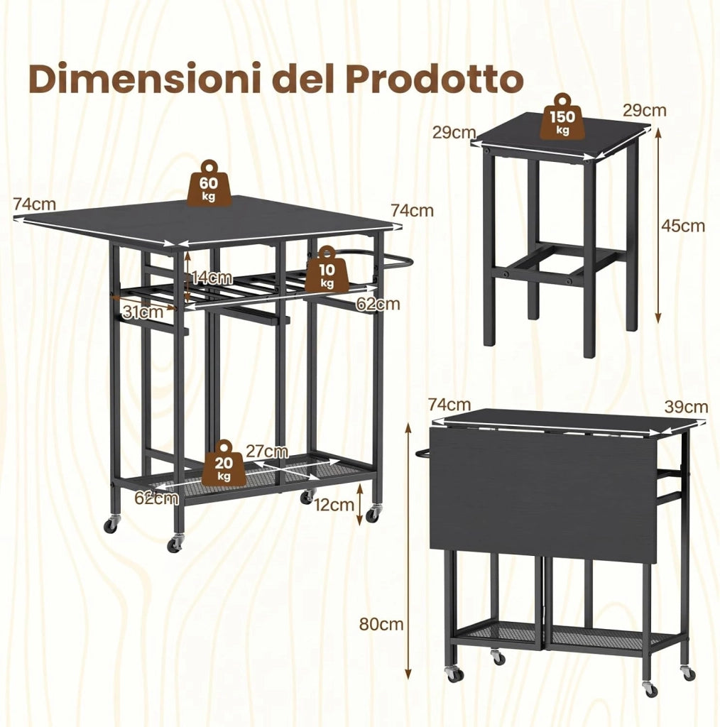 Set Tavolo da Pranzo Pieghevole 3 Pezzi, Tavolo Salvaspazio Estendibile con 2 Sgabelli con Ruote, Portabottiglie da 6 Posti, Ripiani e Maniglia Laterale per Cucina (Nero,Modello 2)