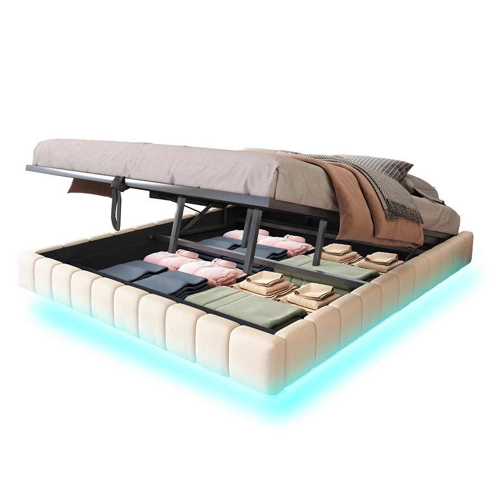 Letto-Xylo-180x200 cm-idraulico, LED, senza testiera, lino beige
