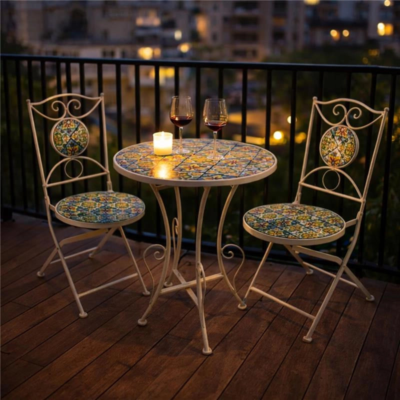 MA MAISON SET TAVOLO E 2 SEDIE PIEGHEVOLI DA GIARDINO IN METALLO CON MOSAICO SET 3 PEZZI