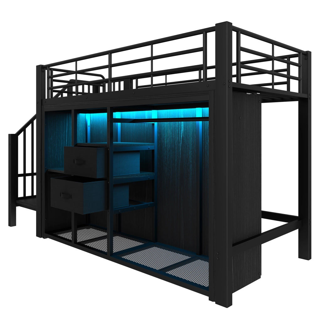 Letto a soppalco 90×200 cm con 2 cassetti; armadio aperto; LED; 3 vani portaoggetti; senza materasso; nero