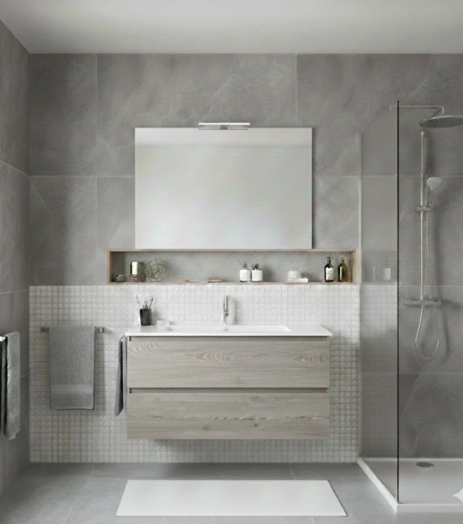Mobile Bagno LOKI Già Montato 2 cassetti con piedini, lavabo e specchio Rovere affumicato 70x45 cm