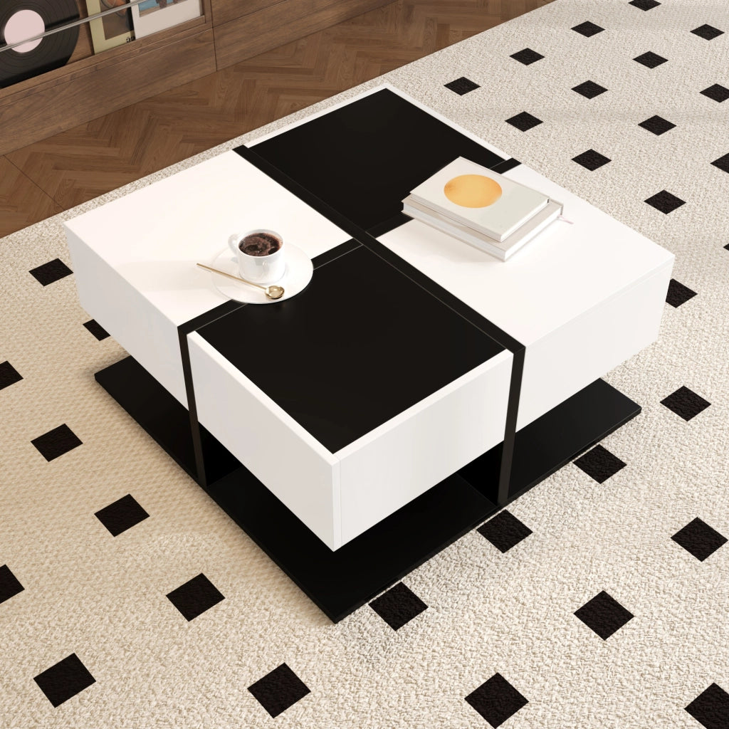 Tavolino basso quadrato con 2 cassetti e vano contenitore per soggiorno in pannello truciolare nero e bianco 70 × 70 × 35,5 cm
