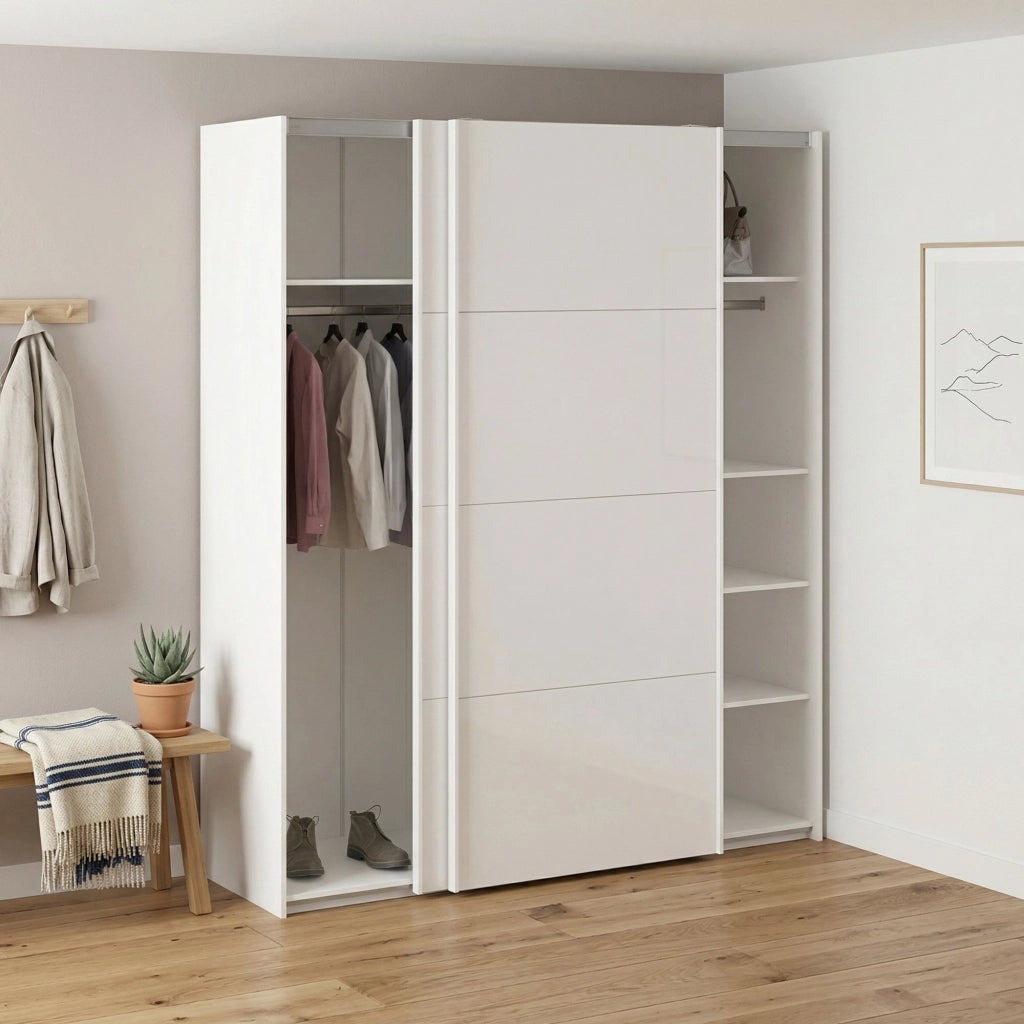 Guardaroba 2 ante Badesse, Mobile camera da letto, Cabina armadio portabiti, Armadio appendiabiti, 182x62 h220 cm, Bianco lucido