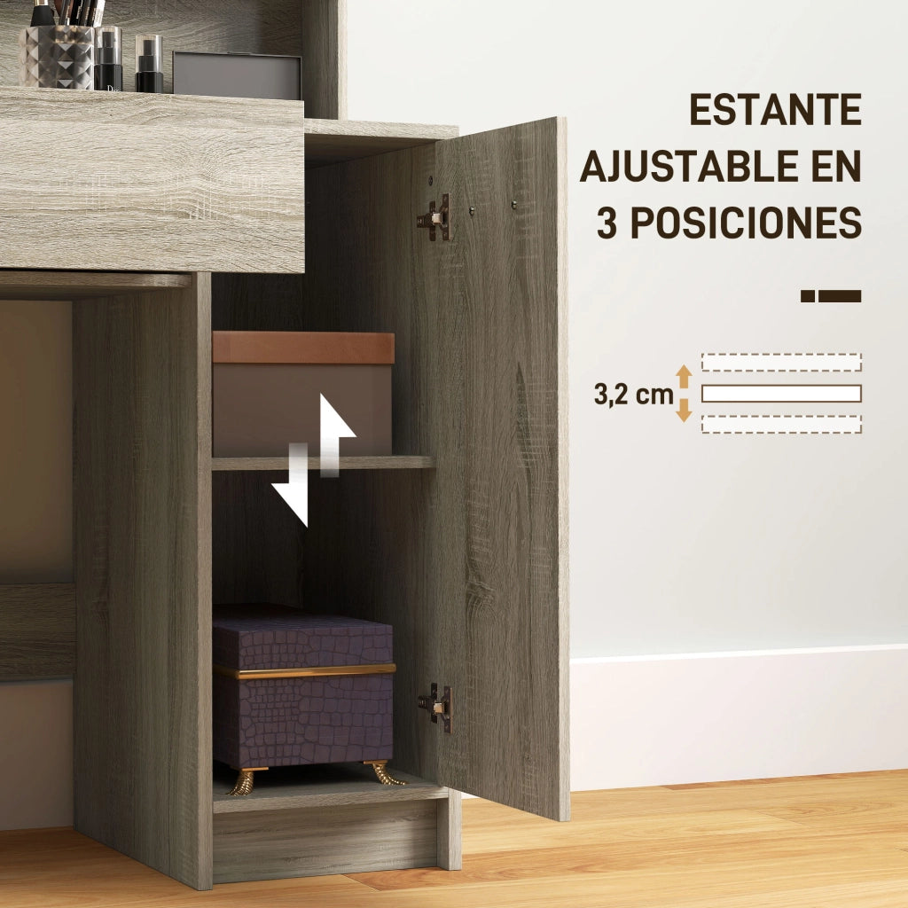Toeletta con Sgabello Specchio Cassetto Ripiani Aperti Regolabile Anti-ribaltamento ¨C Xylo ¨C Beige Naturale