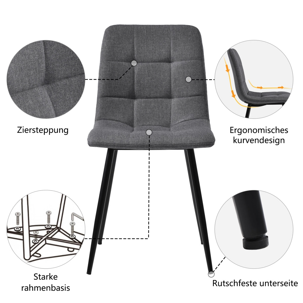Sedia da pranzo (4 pezzi), grigio scuro, set di 4 sedie di design imbottite con schienale, seduta in lino, struttura in metallo