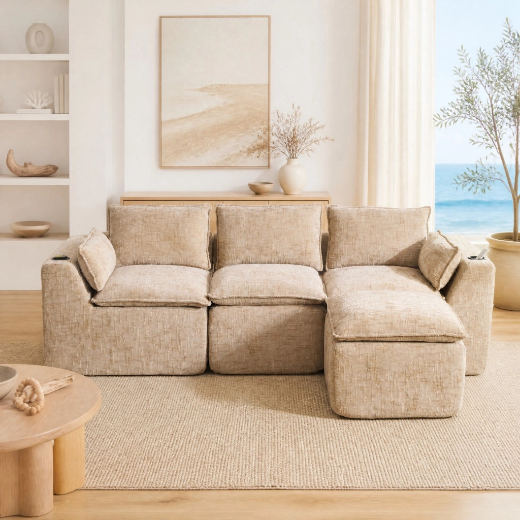 Divano modulare 3 posti con pouf; cuscini e tasche laterali; in ciniglia kaki; 256x161x75 cm