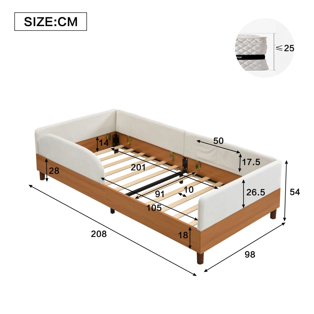 LETTO imbottito 90x200 cm in velluto bianco e legno