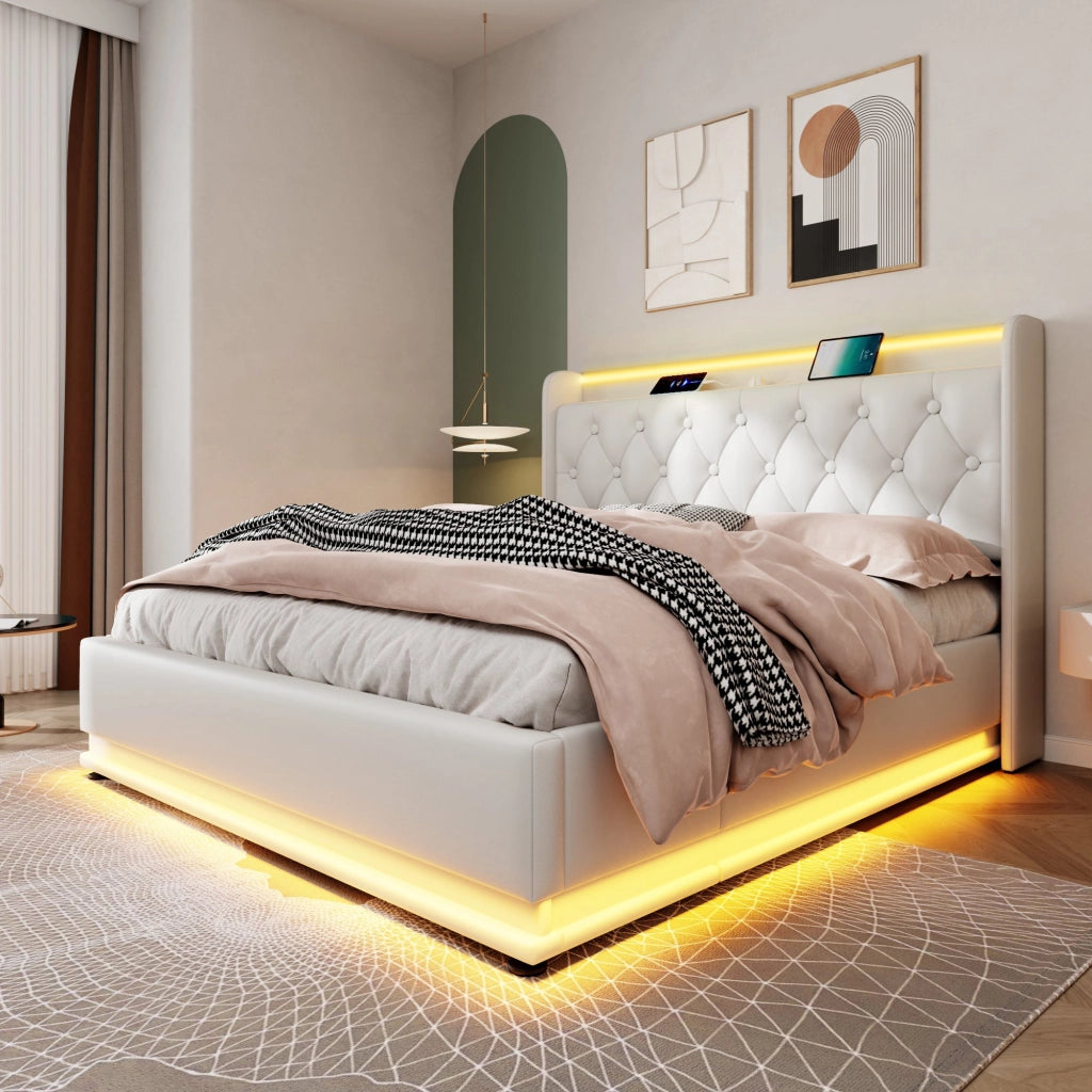 LETTO Contenitore con LED e USB Tipo-C 160x200 cm PU Bianco