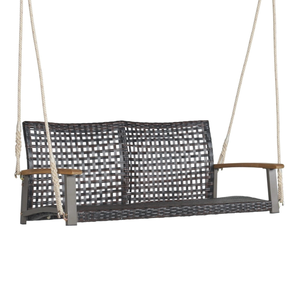 Altalena in rattan PE con 2 corde e schienale curvato, Panca altalena da esterno con 2 posti per portico